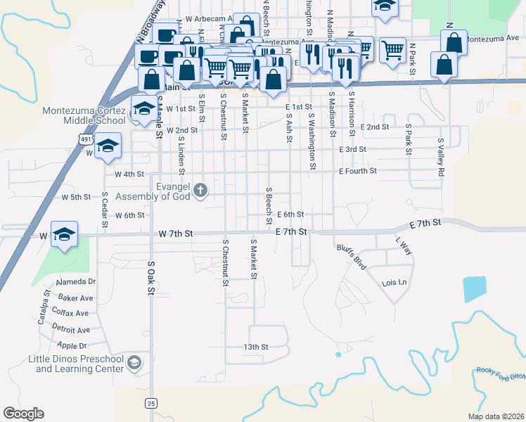 map of restaurants, bars, coffee shops, grocery stores, and more near 521 South Beech Street in Cortez