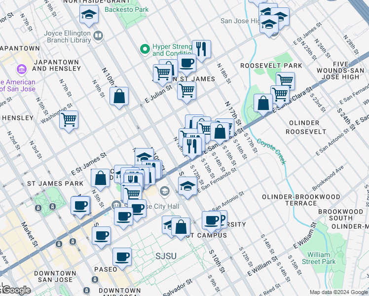map of restaurants, bars, coffee shops, grocery stores, and more near 75 North 12th Street in San Jose
