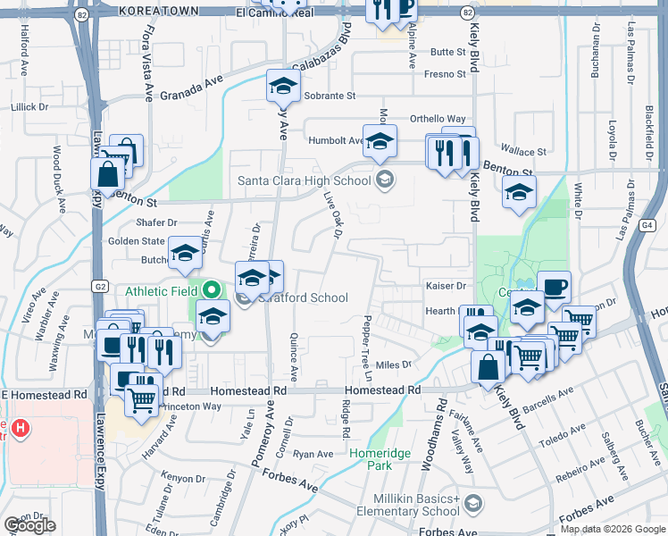 map of restaurants, bars, coffee shops, grocery stores, and more near 945 Live Oak Drive in Santa Clara