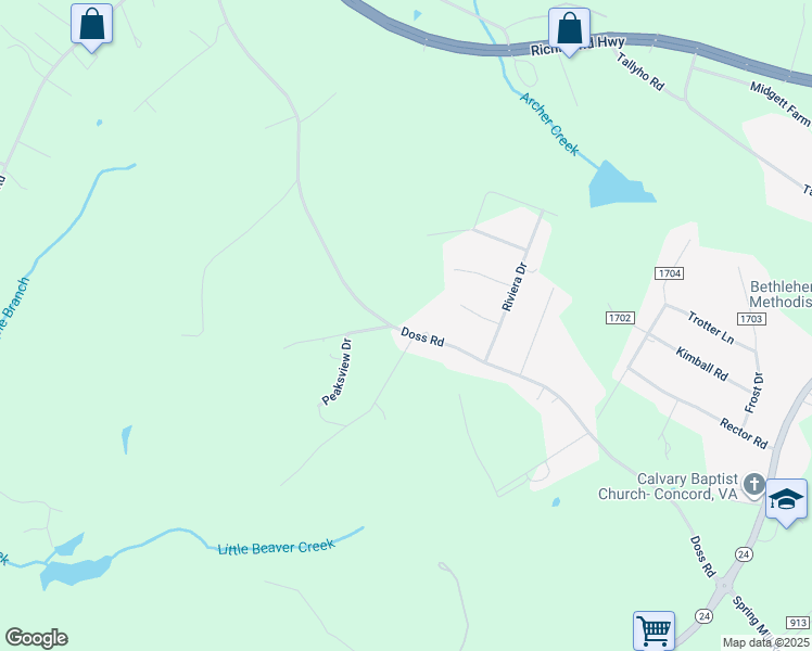 map of restaurants, bars, coffee shops, grocery stores, and more near 927 Doss Road in Concord