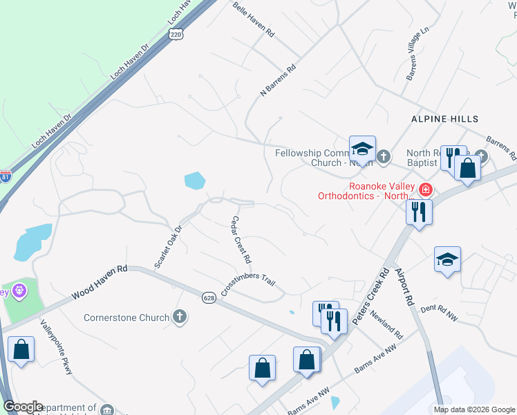 map of restaurants, bars, coffee shops, grocery stores, and more near 7221 Scarlet Oak Drive in Hollins