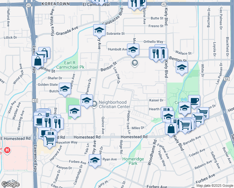 map of restaurants, bars, coffee shops, grocery stores, and more near in Santa Clara