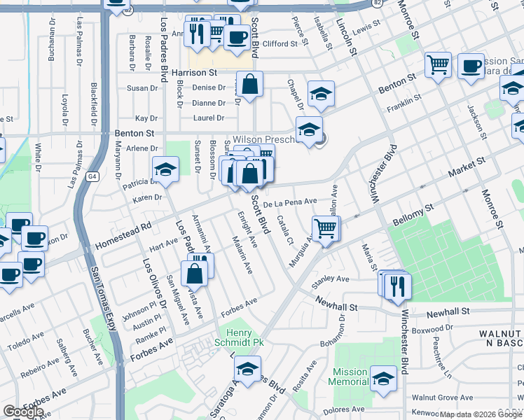 map of restaurants, bars, coffee shops, grocery stores, and more near 1992 De La Pena Avenue in Santa Clara