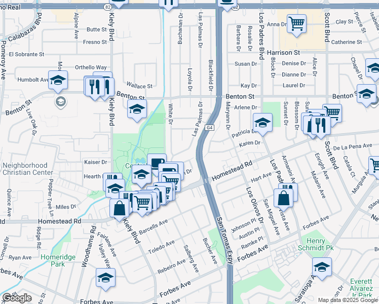 map of restaurants, bars, coffee shops, grocery stores, and more near 961 Las Palmas Drive in Santa Clara