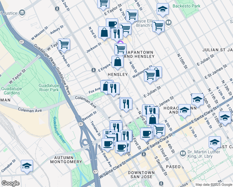 map of restaurants, bars, coffee shops, grocery stores, and more near 400 North 1st Street in San Jose
