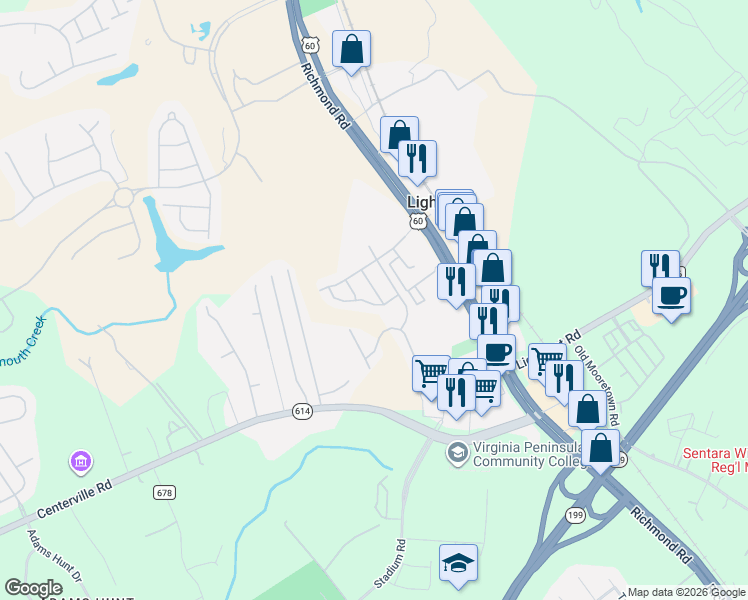 map of restaurants, bars, coffee shops, grocery stores, and more near 4619 Revolutionary Way in Williamsburg