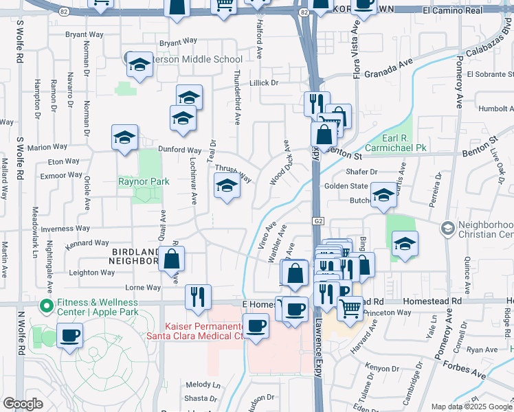 map of restaurants, bars, coffee shops, grocery stores, and more near 3760 Benton Street in Santa Clara