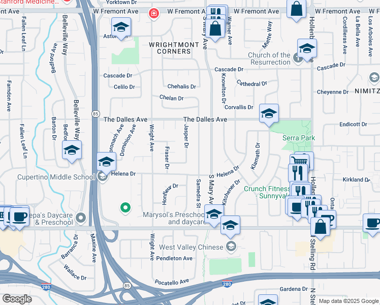 map of restaurants, bars, coffee shops, grocery stores, and more near 1562 Jasper Drive in Sunnyvale