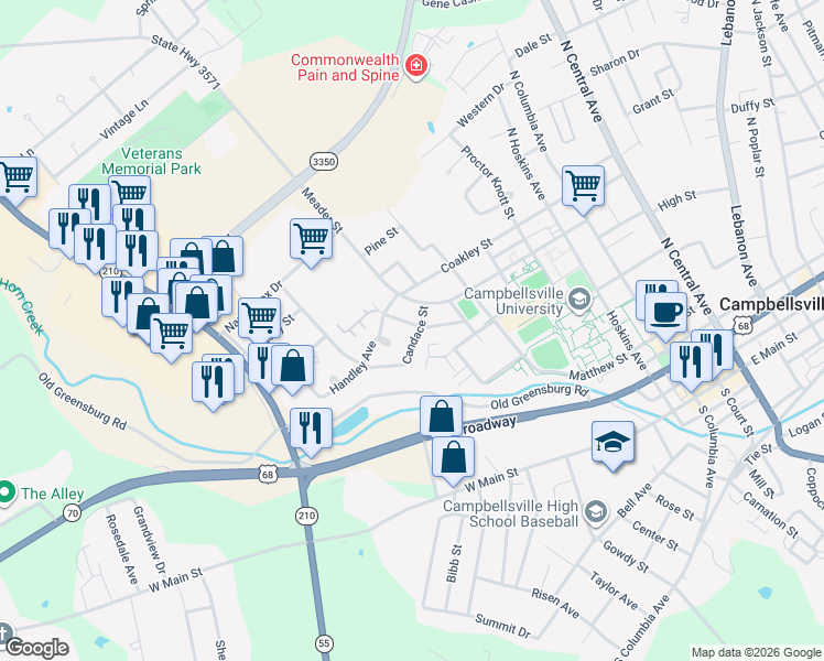 map of restaurants, bars, coffee shops, grocery stores, and more near 200 Candace Street in Campbellsville