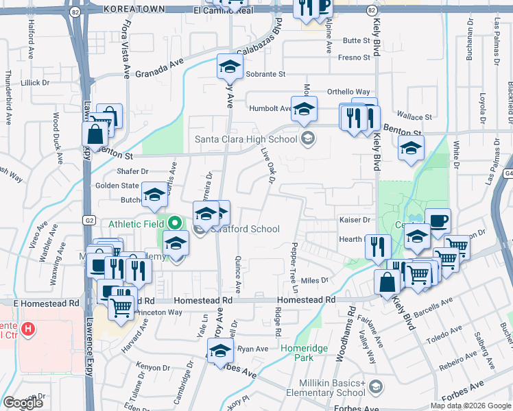 map of restaurants, bars, coffee shops, grocery stores, and more near 945 Live Oak Drive in Santa Clara
