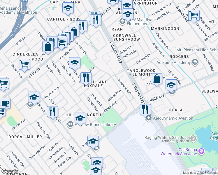 map of restaurants, bars, coffee shops, grocery stores, and more near 1529 Foxdale Court in San Jose