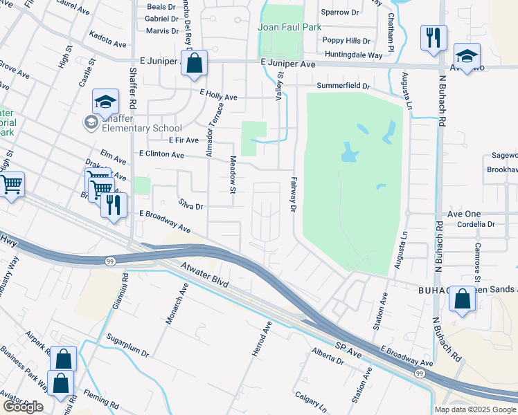 map of restaurants, bars, coffee shops, grocery stores, and more near 152 Seville Court in Atwater