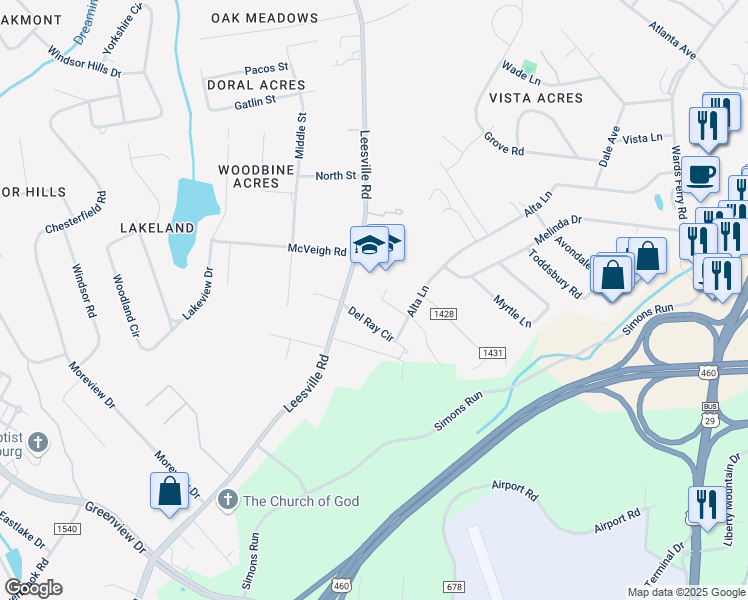 map of restaurants, bars, coffee shops, grocery stores, and more near 410 Alta Lane in Lynchburg