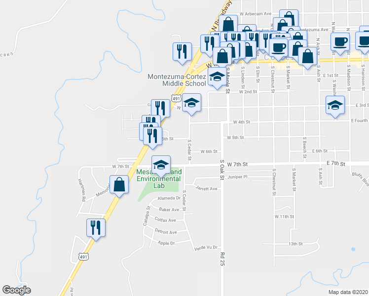 map of restaurants, bars, coffee shops, grocery stores, and more near 505 South Cedar Street in Cortez