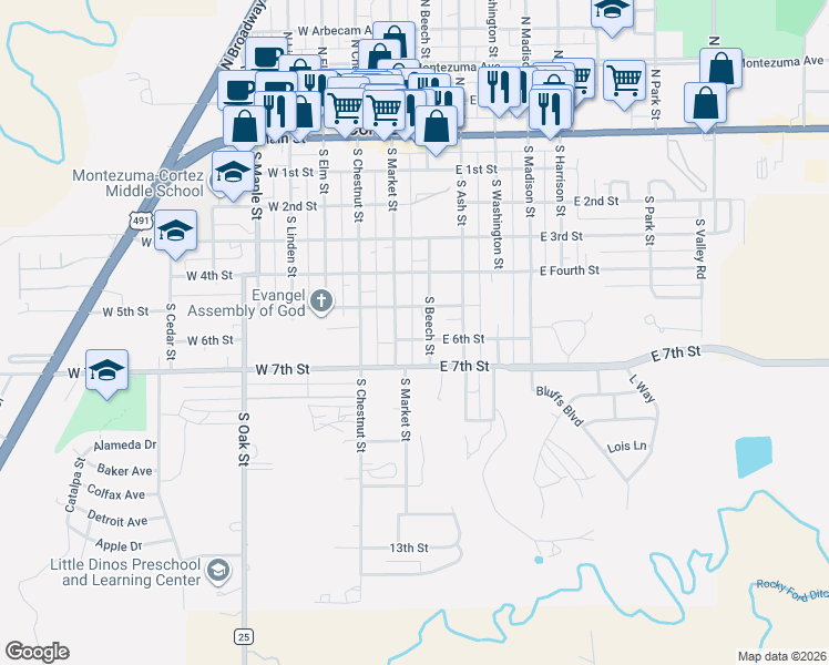 map of restaurants, bars, coffee shops, grocery stores, and more near 521 South Beech Street in Cortez