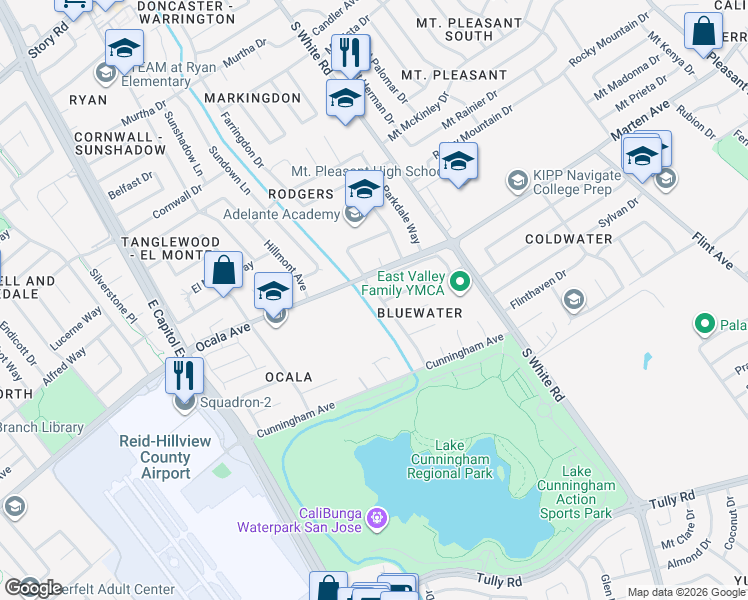 map of restaurants, bars, coffee shops, grocery stores, and more near 1921 Ridgemont Drive in San Jose