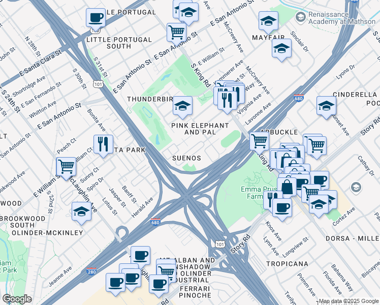 map of restaurants, bars, coffee shops, grocery stores, and more near 680 South 34th Street in San Jose