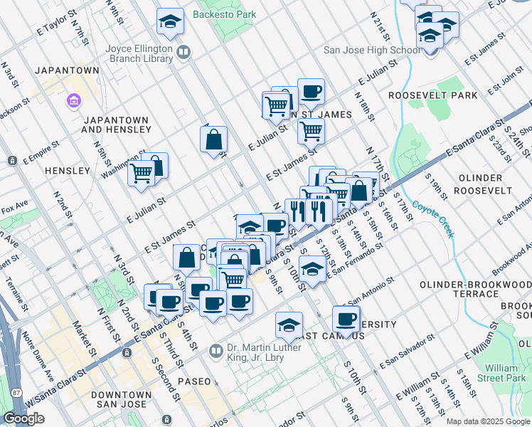 map of restaurants, bars, coffee shops, grocery stores, and more near 121 North 10th Street in San Jose