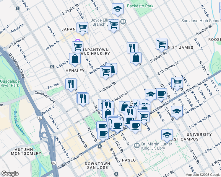 map of restaurants, bars, coffee shops, grocery stores, and more near 271 North 6th Street in San Jose