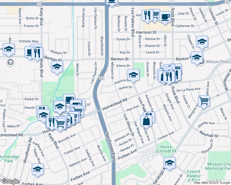 map of restaurants, bars, coffee shops, grocery stores, and more near 2416 Karen Drive in Santa Clara