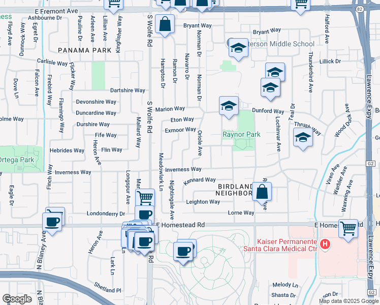 map of restaurants, bars, coffee shops, grocery stores, and more near 1576 Nuthatch Lane in Sunnyvale