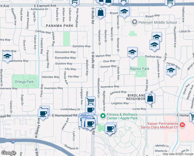 map of restaurants, bars, coffee shops, grocery stores, and more near 1578 Meadowlark Lane in Sunnyvale