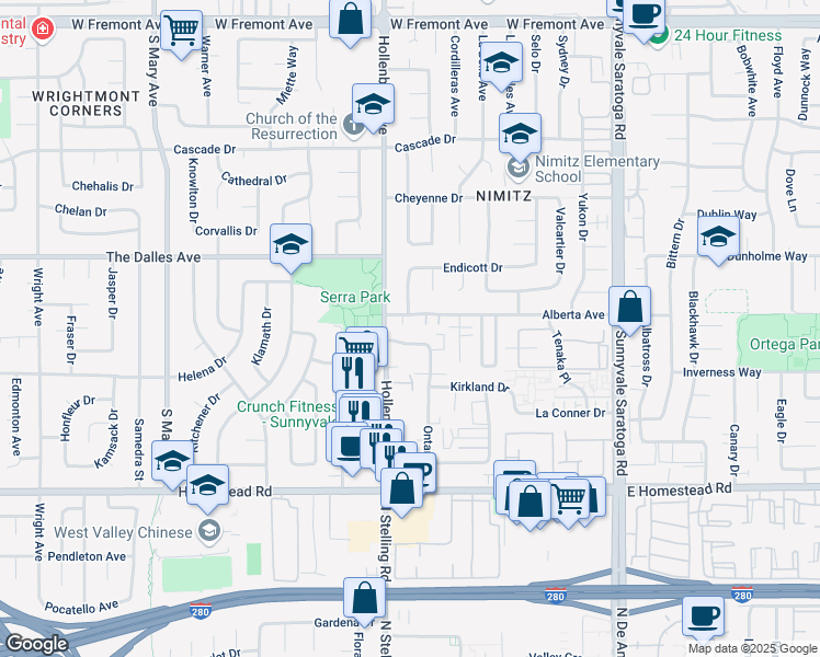 map of restaurants, bars, coffee shops, grocery stores, and more near 1565 Oak Point Terrace in Sunnyvale