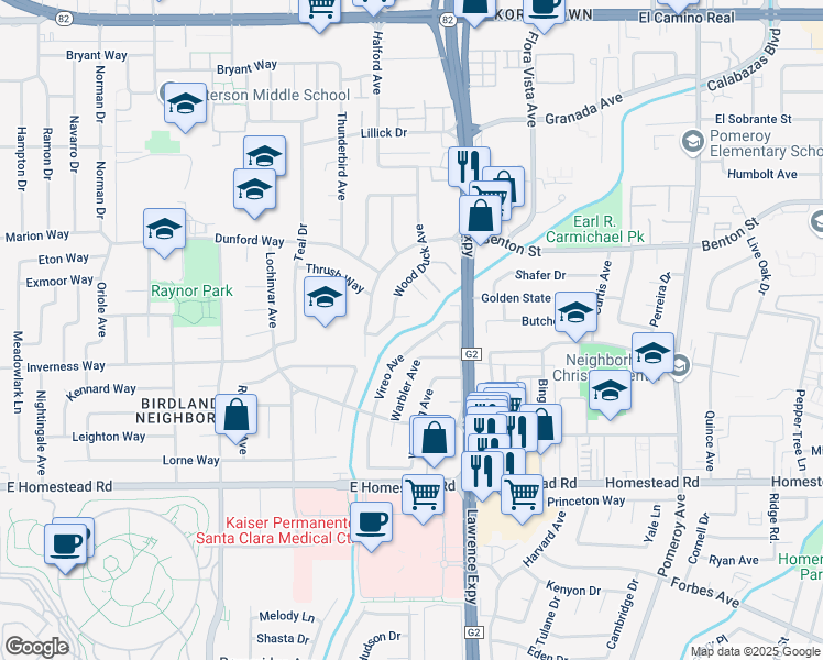 map of restaurants, bars, coffee shops, grocery stores, and more near 950 Lawrence Expressway in Santa Clara