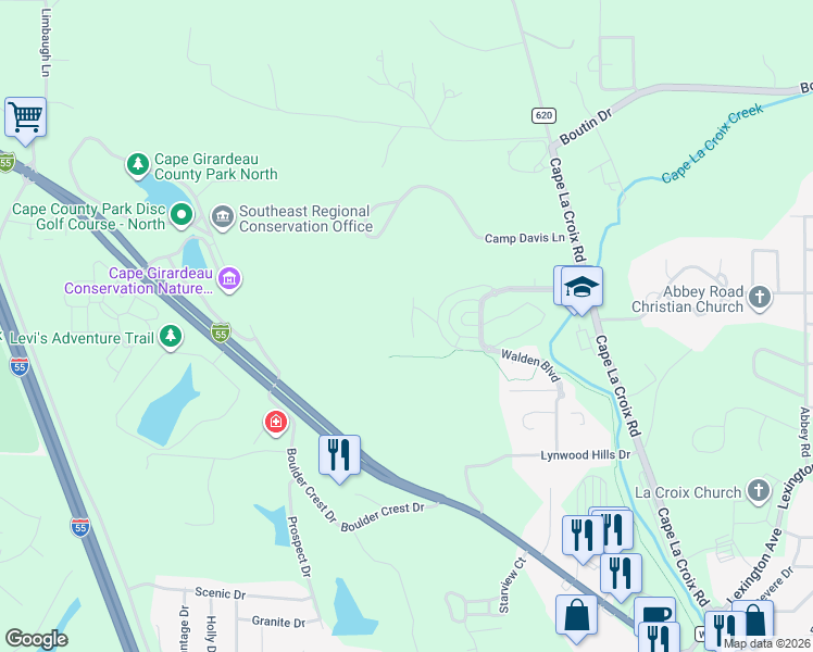 map of restaurants, bars, coffee shops, grocery stores, and more near Hill Street in Cape Girardeau