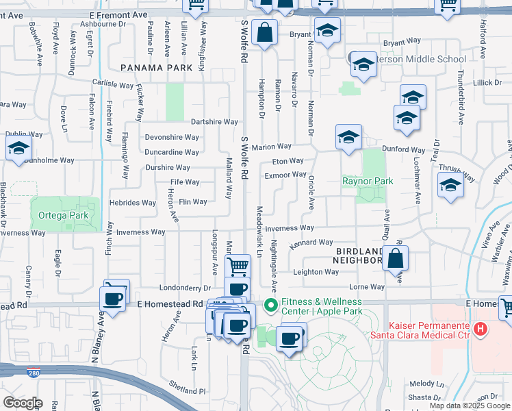 map of restaurants, bars, coffee shops, grocery stores, and more near 1578 Meadowlark Lane in Sunnyvale