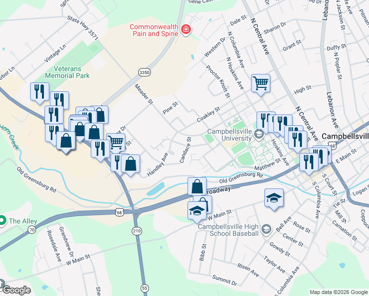 map of restaurants, bars, coffee shops, grocery stores, and more near 200-282 Candace Street in Campbellsville