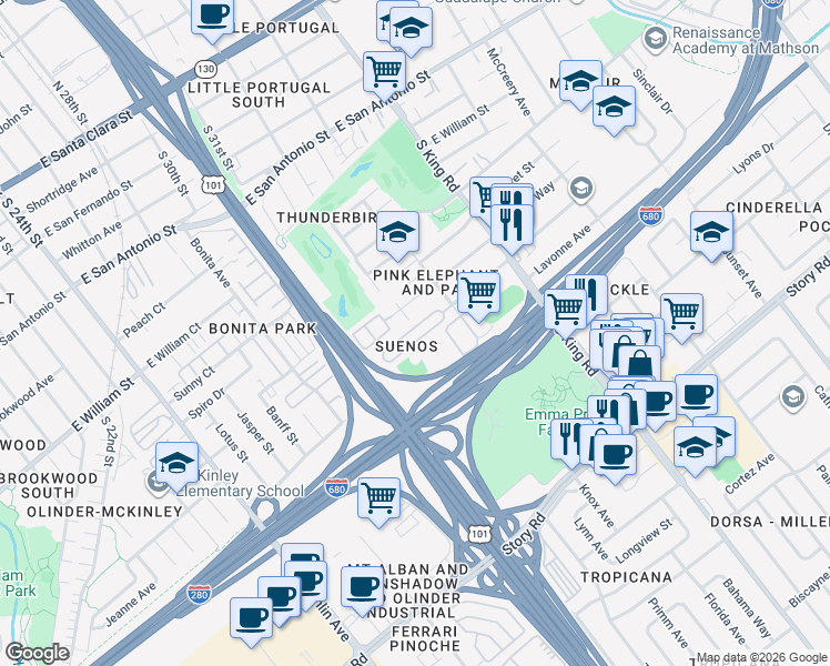 map of restaurants, bars, coffee shops, grocery stores, and more near 655 South 34th Street in San Jose