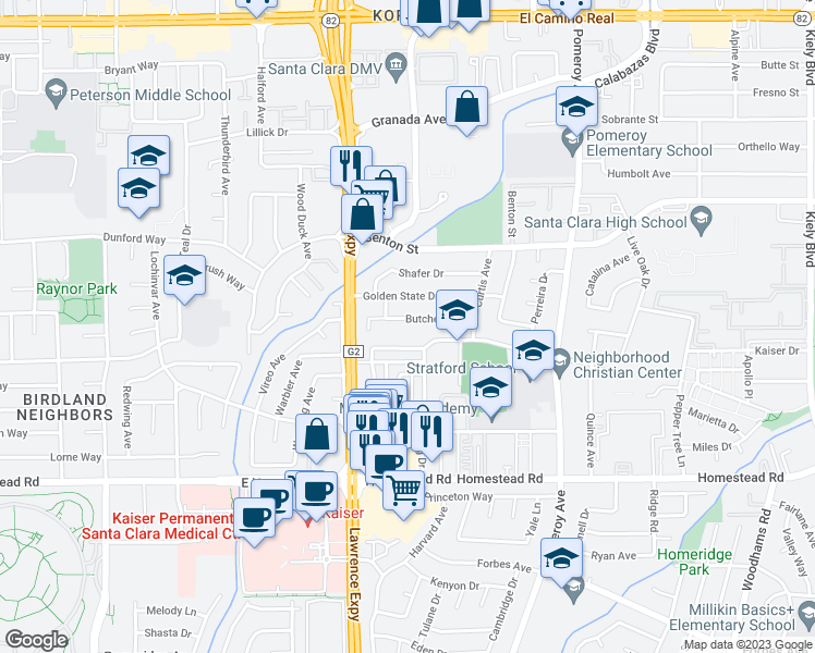 map of restaurants, bars, coffee shops, grocery stores, and more near 3540 Butcher Drive in Santa Clara