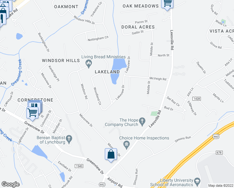 map of restaurants, bars, coffee shops, grocery stores, and more near 1109 Lakeview Dr in Lynchburg