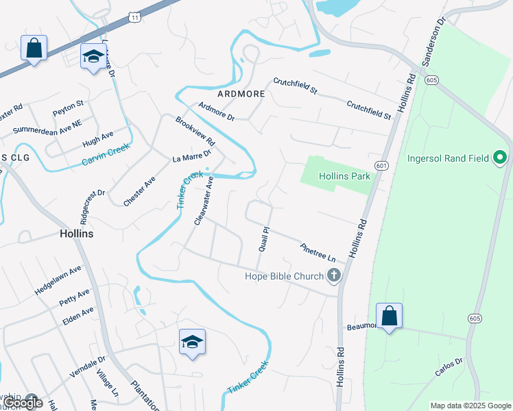 map of restaurants, bars, coffee shops, grocery stores, and more near 6836 Quail Place in Hollins