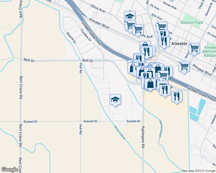 map of restaurants, bars, coffee shops, grocery stores, and more near 2085 Betsy Ross Court in Atwater