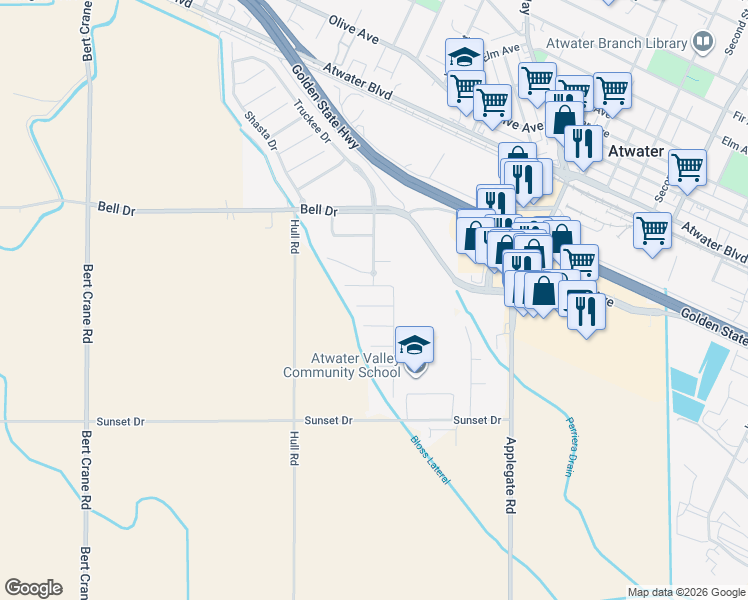 map of restaurants, bars, coffee shops, grocery stores, and more near 2097 Betsy Ross Court in Atwater