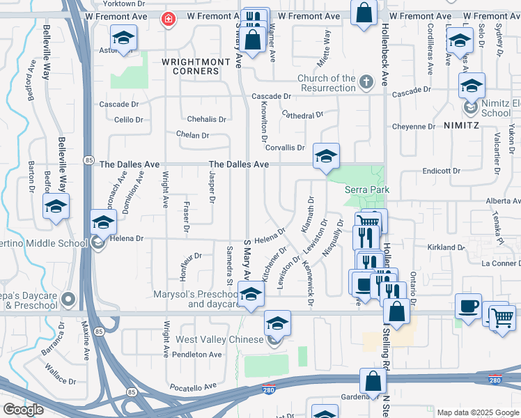 map of restaurants, bars, coffee shops, grocery stores, and more near 1567 Kennewick Drive in Sunnyvale