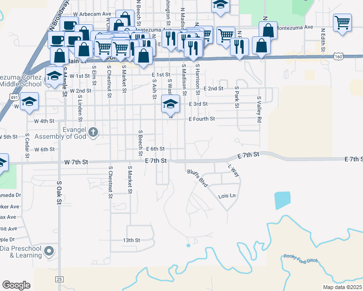 map of restaurants, bars, coffee shops, grocery stores, and more near 519 South Madison Street in Cortez