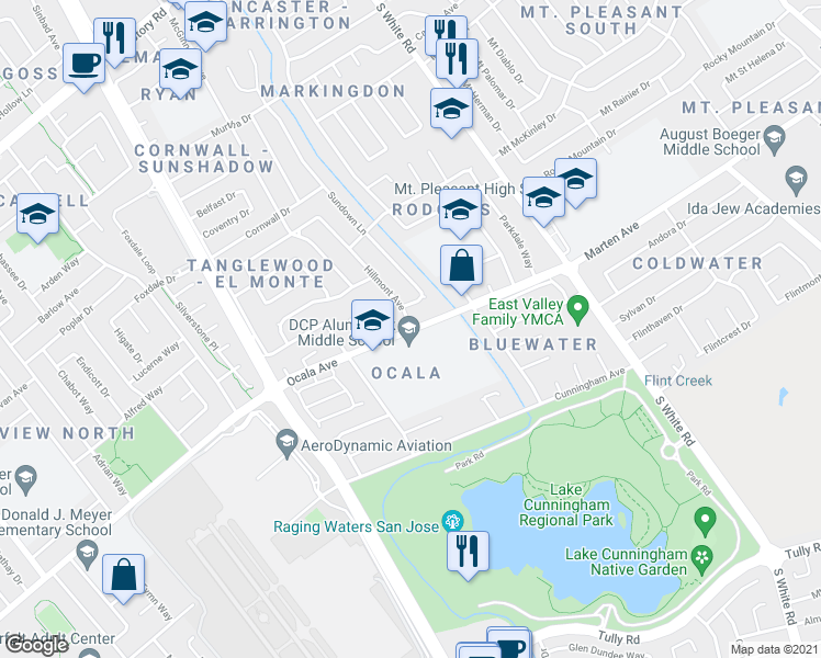 map of restaurants, bars, coffee shops, grocery stores, and more near Ocala Ave & Hillmont Ave in San Jose