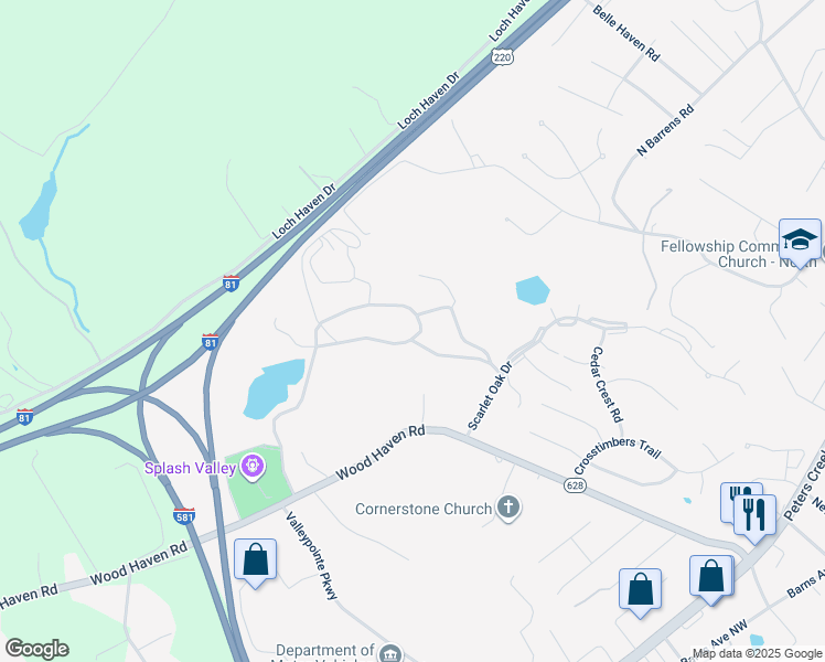 map of restaurants, bars, coffee shops, grocery stores, and more near 7315 Wood Haven Road in Hollins