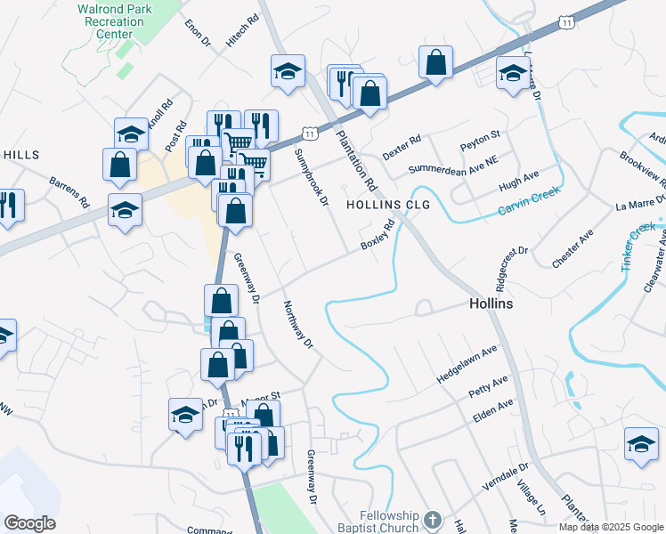 map of restaurants, bars, coffee shops, grocery stores, and more near 427 Boxley Road in Hollins
