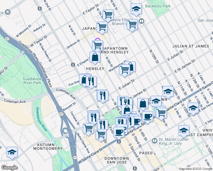 map of restaurants, bars, coffee shops, grocery stores, and more near 329 North 4th Street in San Jose