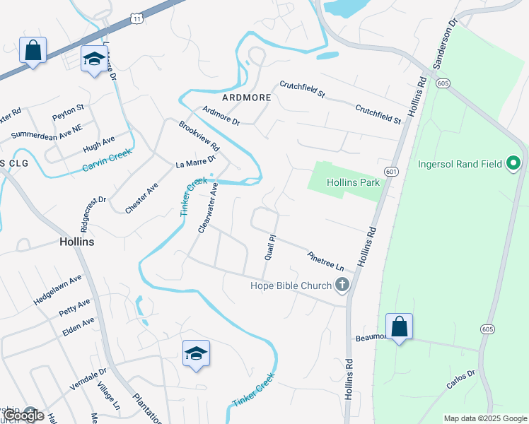 map of restaurants, bars, coffee shops, grocery stores, and more near 6836 Quail Place in Hollins