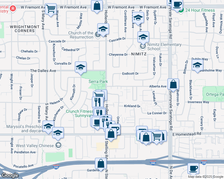 map of restaurants, bars, coffee shops, grocery stores, and more near 680 Alberta Avenue in Sunnyvale