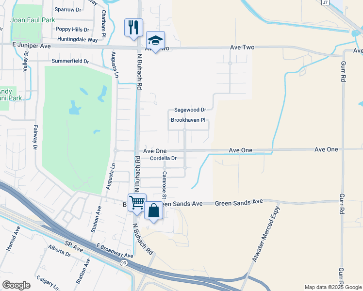 map of restaurants, bars, coffee shops, grocery stores, and more near 1482 Walden Court in Atwater