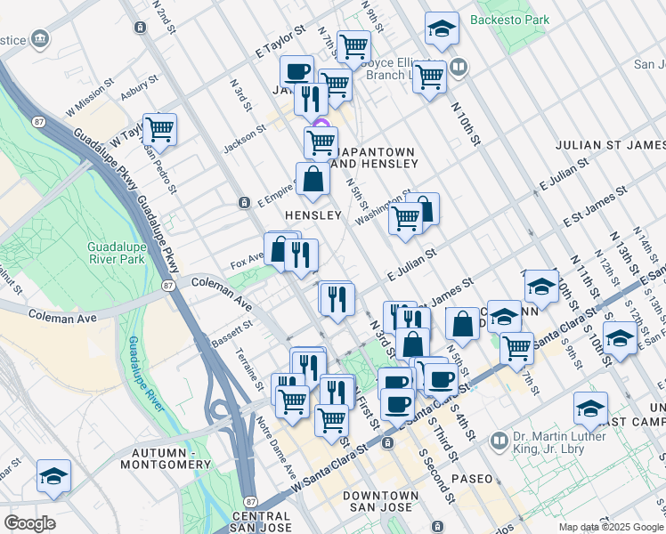 map of restaurants, bars, coffee shops, grocery stores, and more near 350 North 2nd Street in San Jose