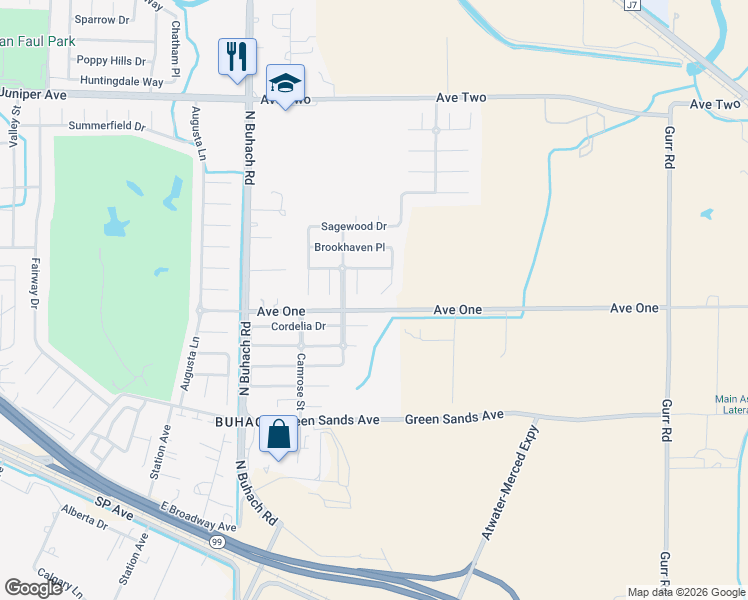 map of restaurants, bars, coffee shops, grocery stores, and more near 1483 Fieldcrest Court in Atwater