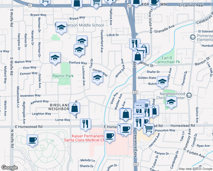 map of restaurants, bars, coffee shops, grocery stores, and more near 3760 Benton Street in Santa Clara