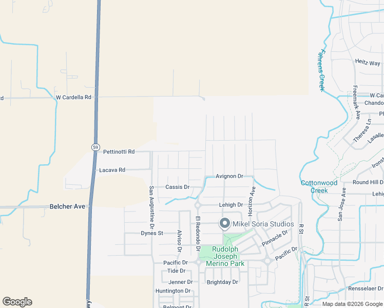 map of restaurants, bars, coffee shops, grocery stores, and more near R Street in Merced